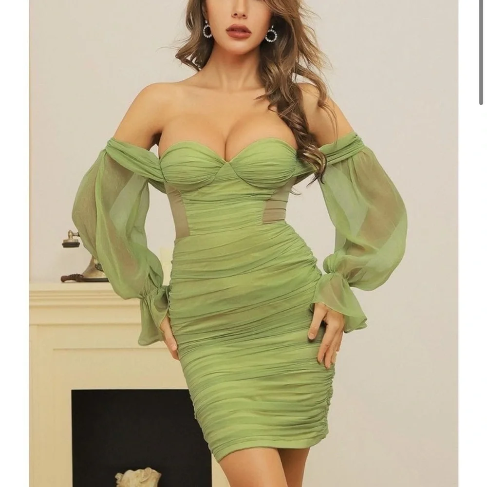 Miss Circle,Couture Clothier,Siren Olive, Silk Mesh,Lantern Sleeve Draping Dress